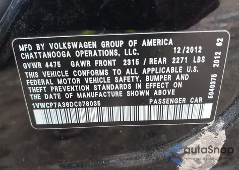 2013 Volkswagen Passat 2.5L Sel Premium z USA, uszkodzony, nr VIN 1VWCP7A36DC078035